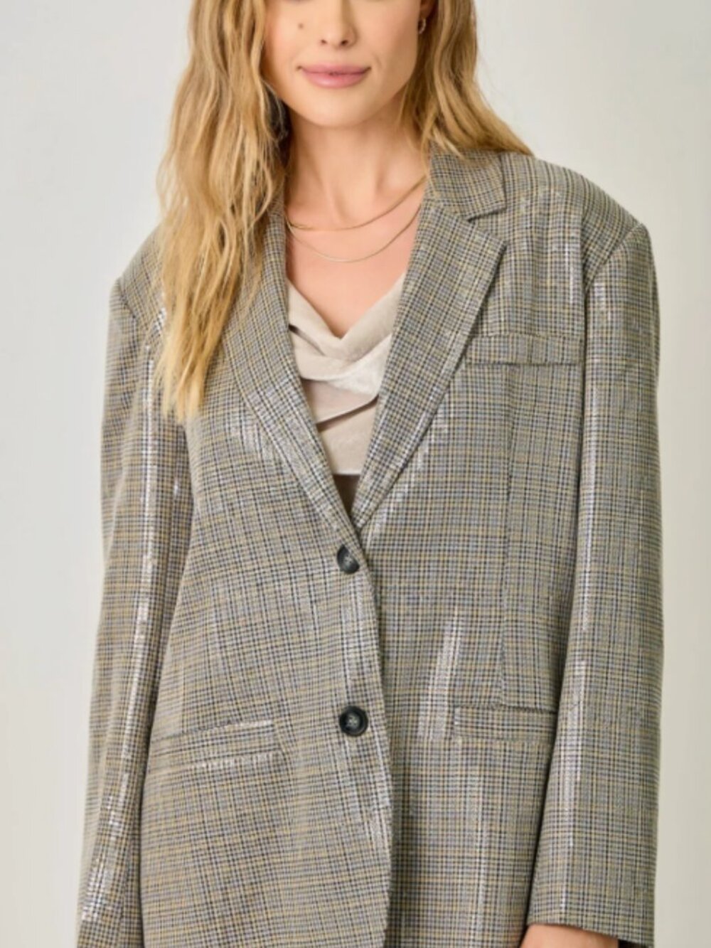 Mystree Womens Size M Sequined/Shiny Oversized Blazer - Beige/Mocha Plaid